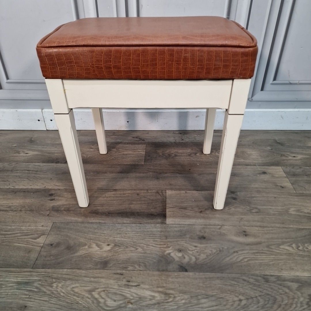 Retro Vintage Stool Tan Croc Effect Faux Leather – Wooden Frame – Mid Century photo buy