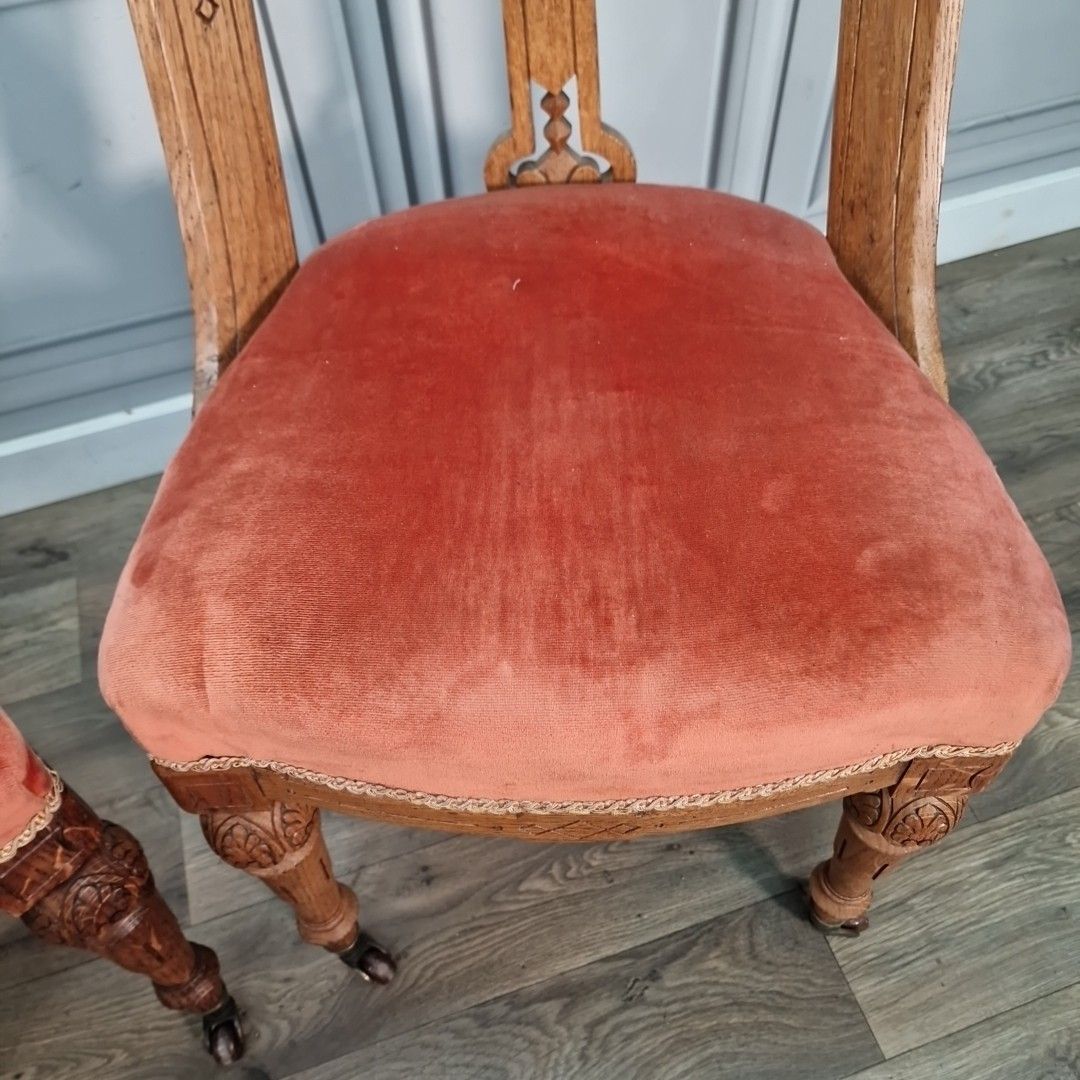 Pair Antique Oak Chairs – Carved Gothic Revival – Solid Wood Velvet Dining Hall photo Furniture