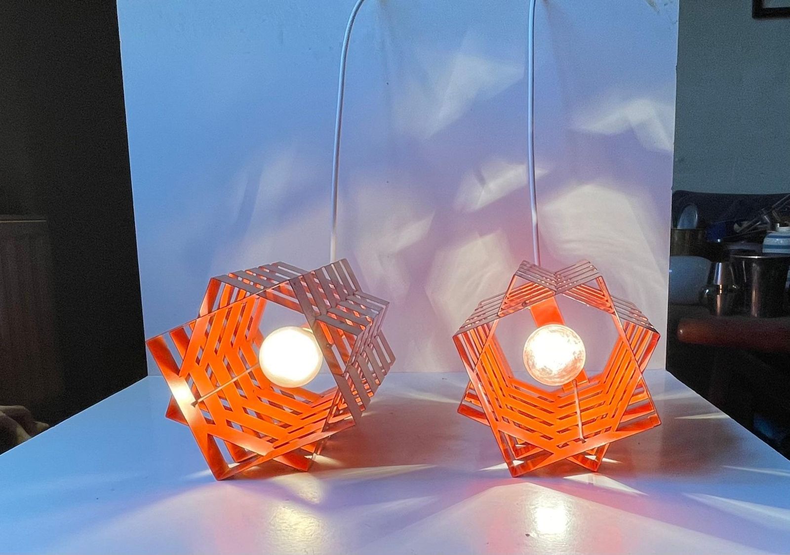 Nordisk Solar Orange Geometric Octave Pendant Lamps By N. Esmann & H. C. Jensen photo for sale