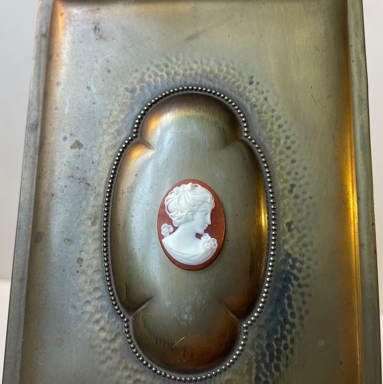 Art Deco Brass Cigar Box With Bakelite Cameo, 1940s photo for sale