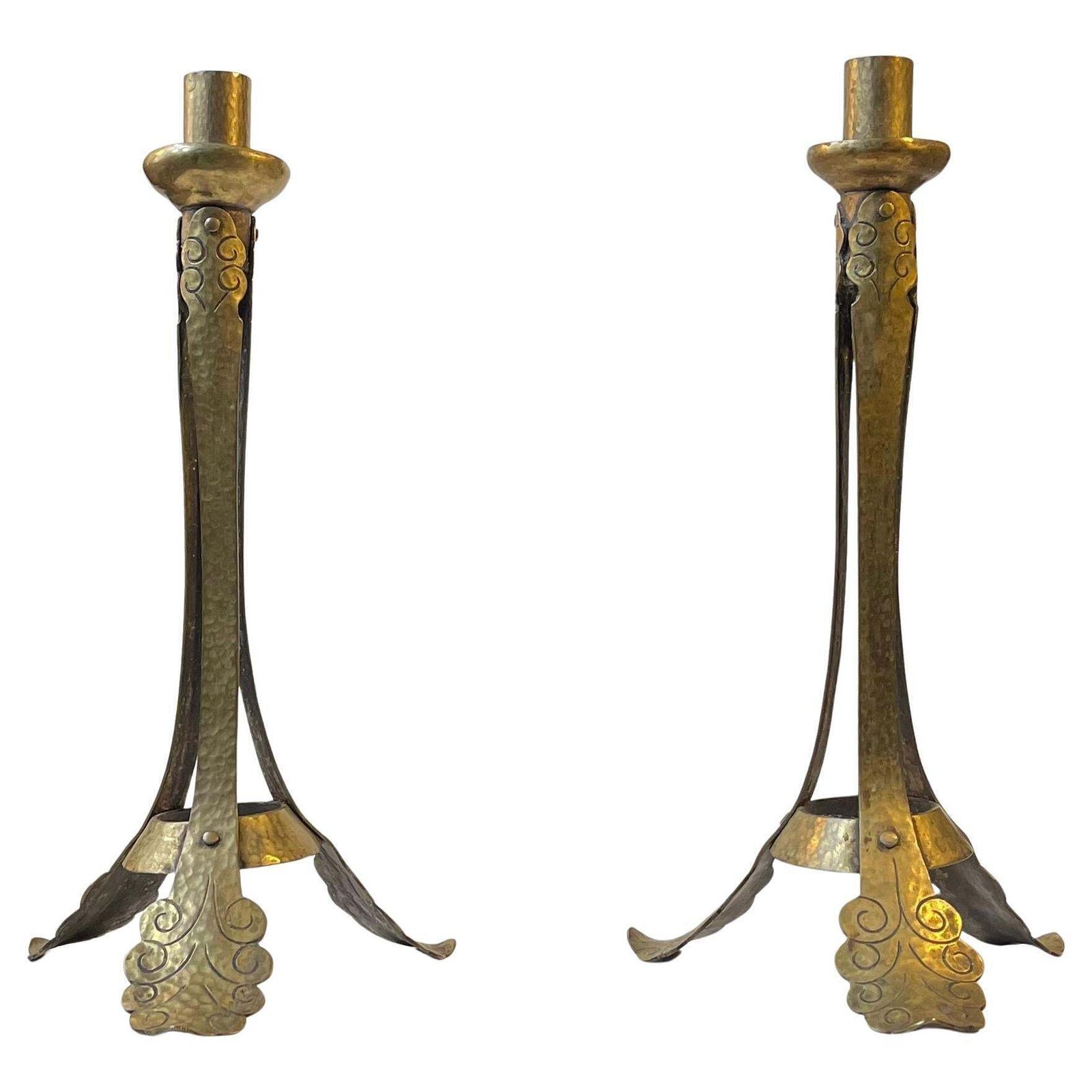 Tall Antique Tri Stand Art Nouveau Candleholders W. Engraved Brass Leaves, 1900s