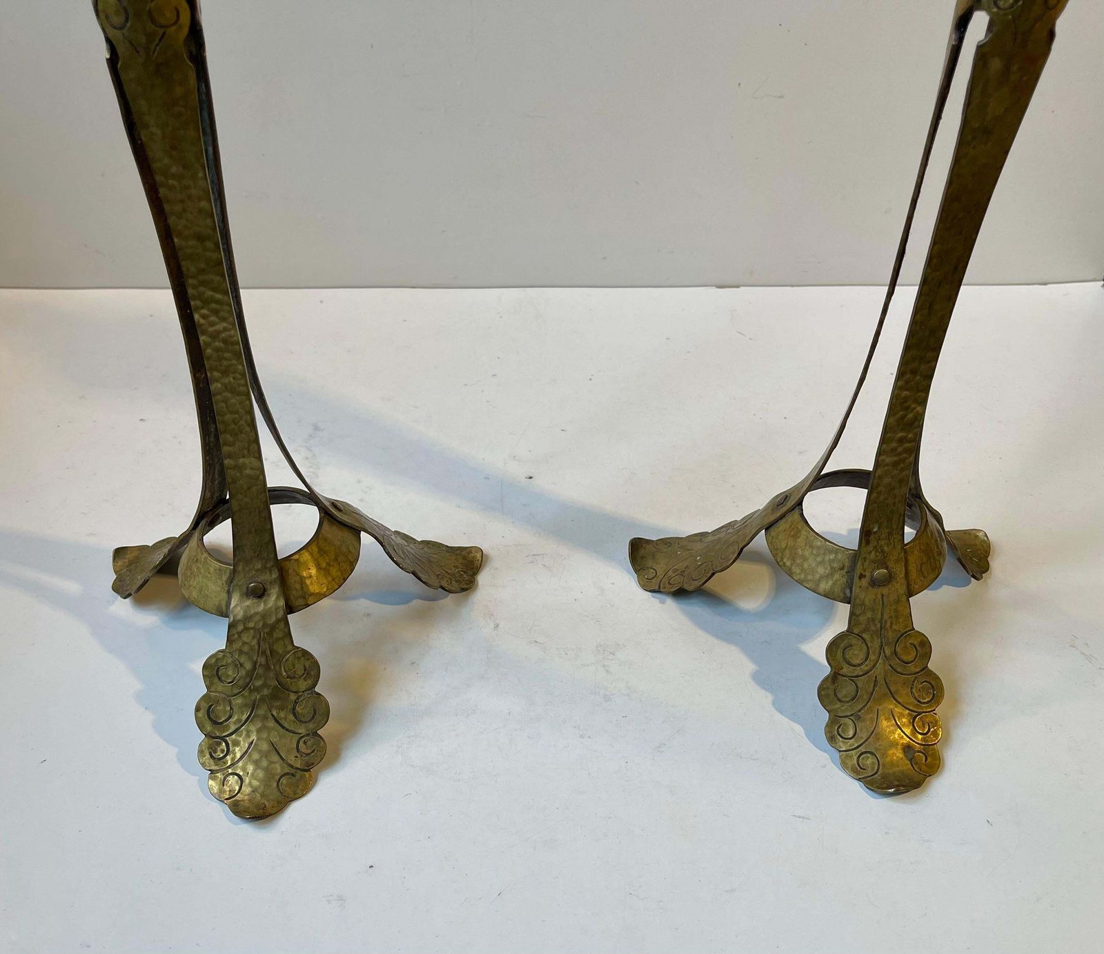 Tall Antique Tri Stand Art Nouveau Candleholders W. Engraved Brass Leaves, 1900s photo Home Decor