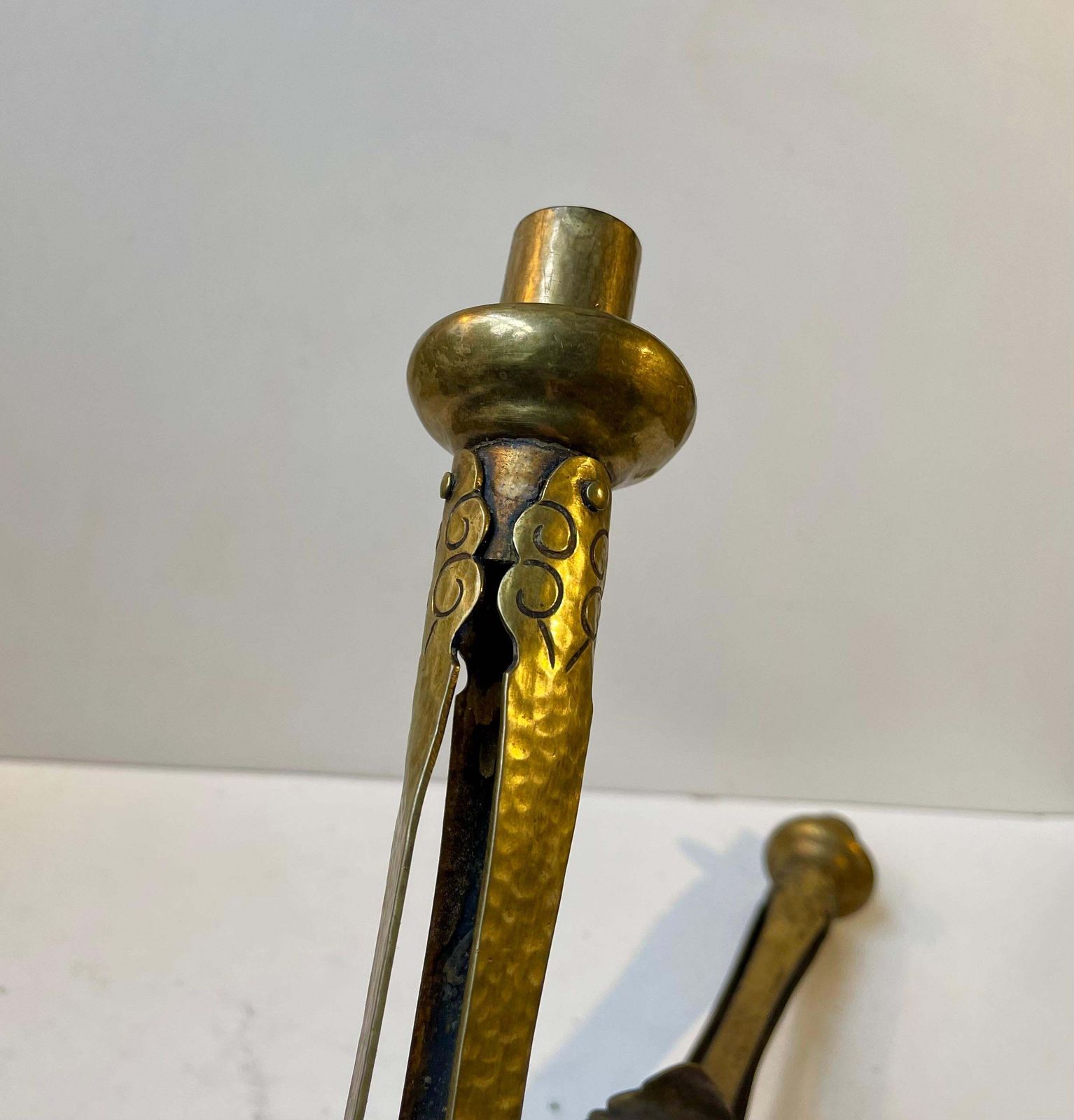 Tall Antique Tri Stand Art Nouveau Candleholders W. Engraved Brass Leaves, 1900s photo vinterior