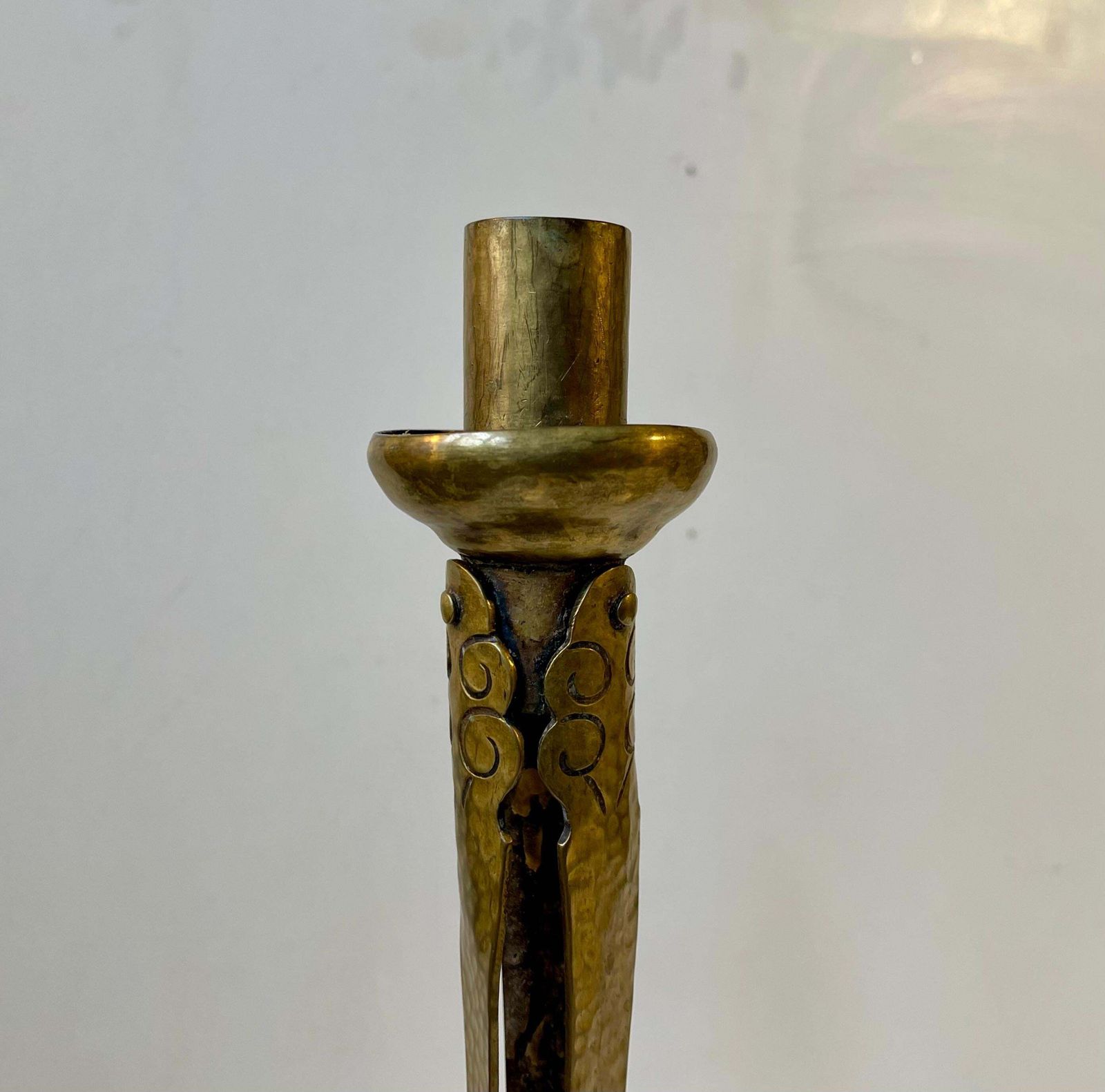 photo furniture Tall Antique Tri Stand Art Nouveau Candleholders W. Engraved Brass Leaves, 1900s