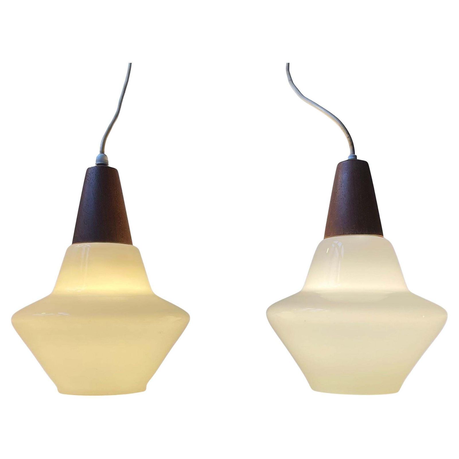 Danish Modern White Opaline Glass & Teak Pendant Lamps By Holmegaard, 1960s