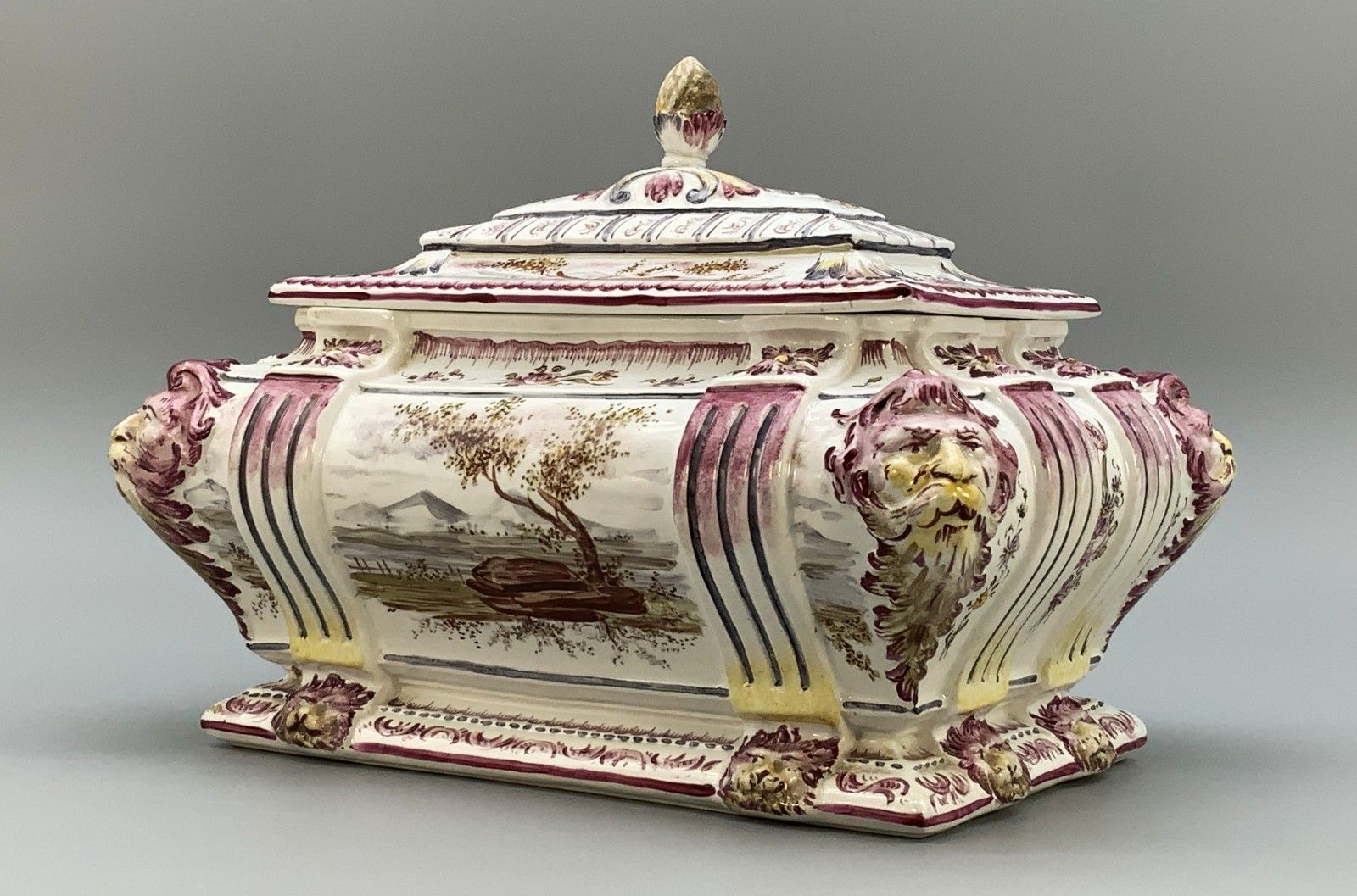 Faience Tureen Large French Antique Pottery Classical Soup Dish Delft Manganese photo vinterior