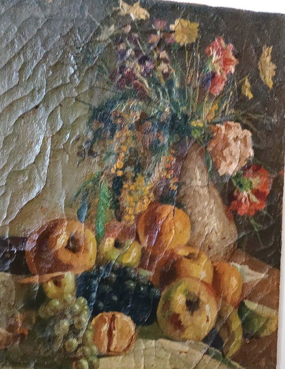 19th Century Oil Painting On Canvas Depicting A Vase Of Fruit With Flowers photo Art