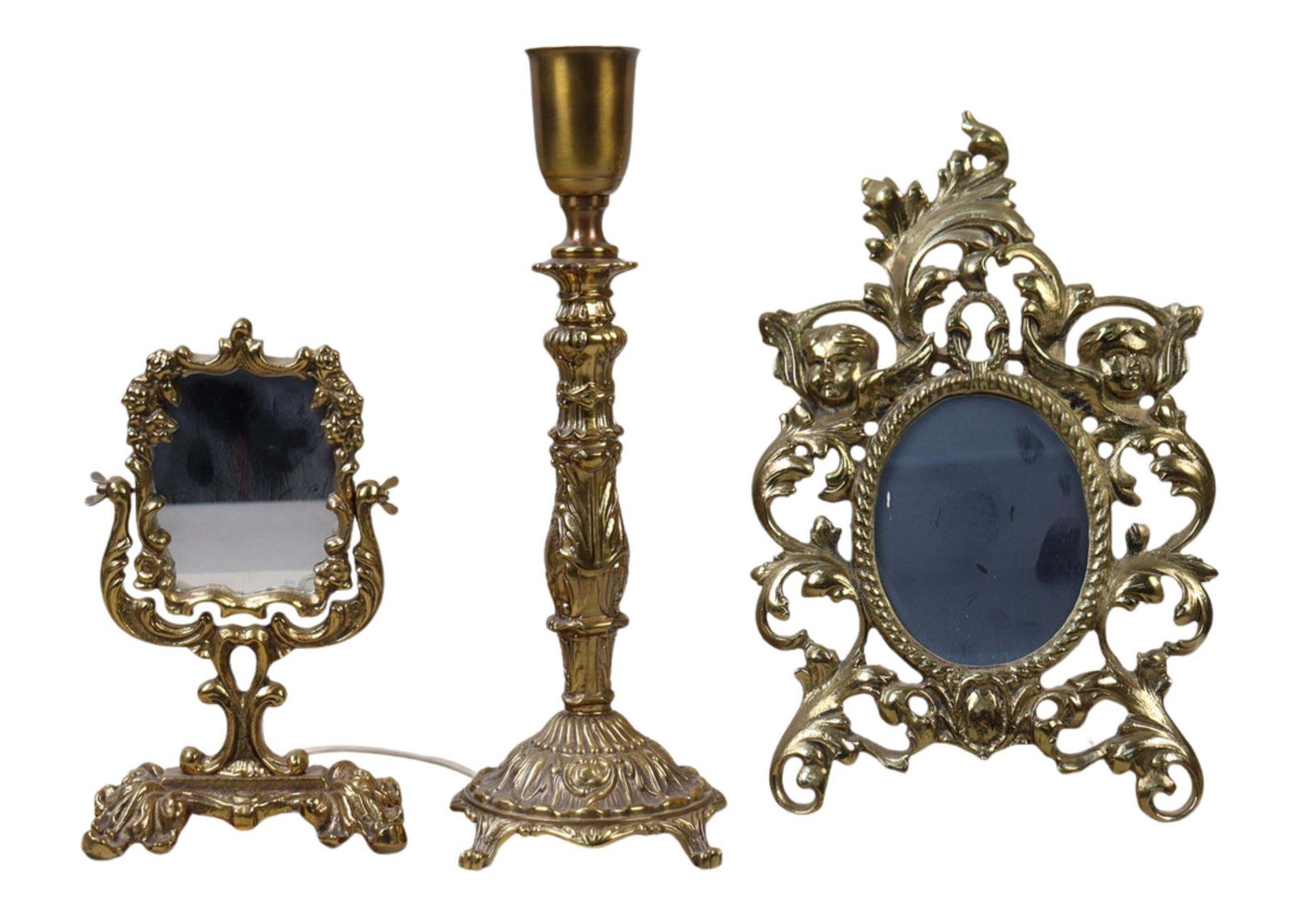Rococo Style Gilt Metal Table Mirrors And Candlestick And Picture Frame Set Of 3 photo buy