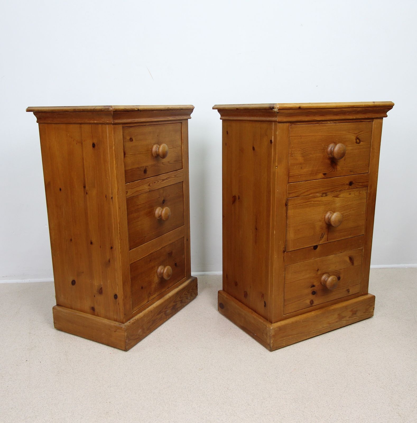 photo buy Matching Pair Of Vintage Solid Pine Narrow 3 Drawer Chest Of Drawers By Pinetum