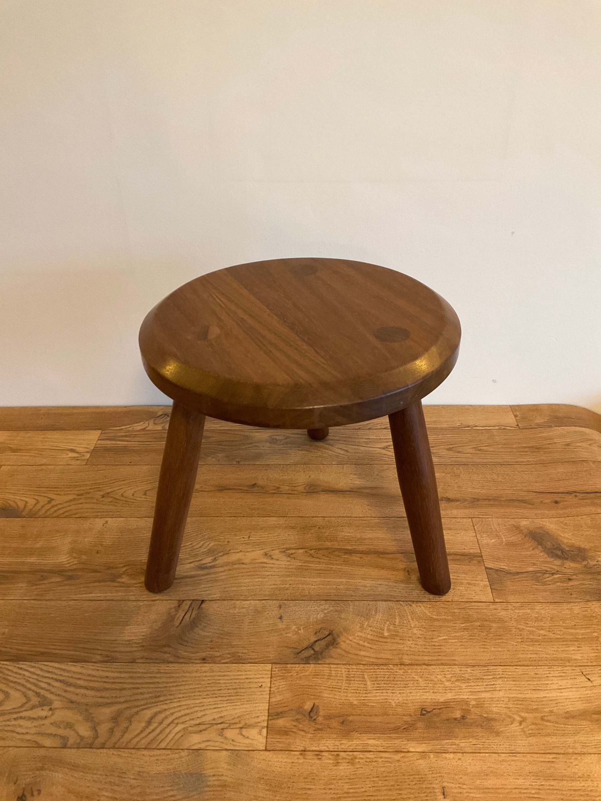 Vintage Mid Century Solid Wood Three Legged Stool / Plant Stand – 36cm Wide X 33cm High photo vinterior