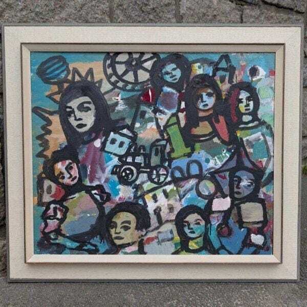 Original Swedish Oil On Panel – “Collective With Youthful Face” By Erik Heinertz – Vintage & Framed – 60 × 69 Cm (23.6" × 27.2")