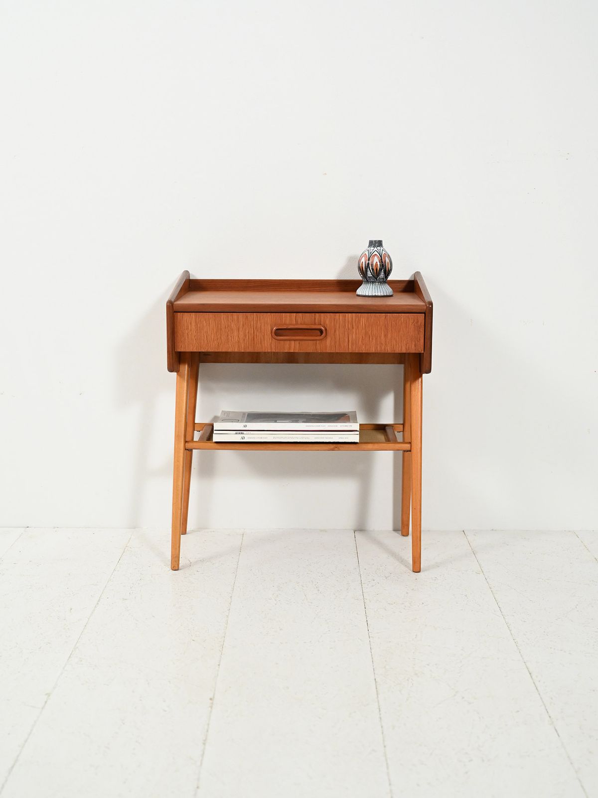 Scandinavian Bedside Table With Fabric Shelf