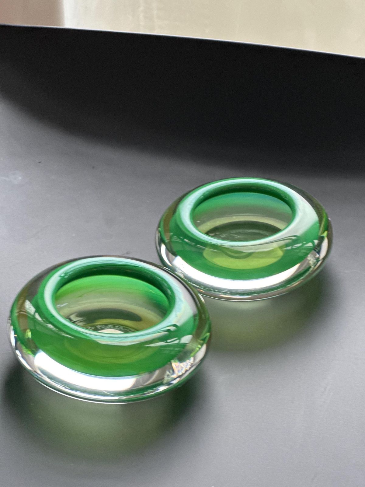 photo furniture Hanne Dreutler Studio åhus 2000 Signed Swedish Studio Glass Votive Holders. Clear Cased Glass With Emerald Core, Sculptural Modern Design.