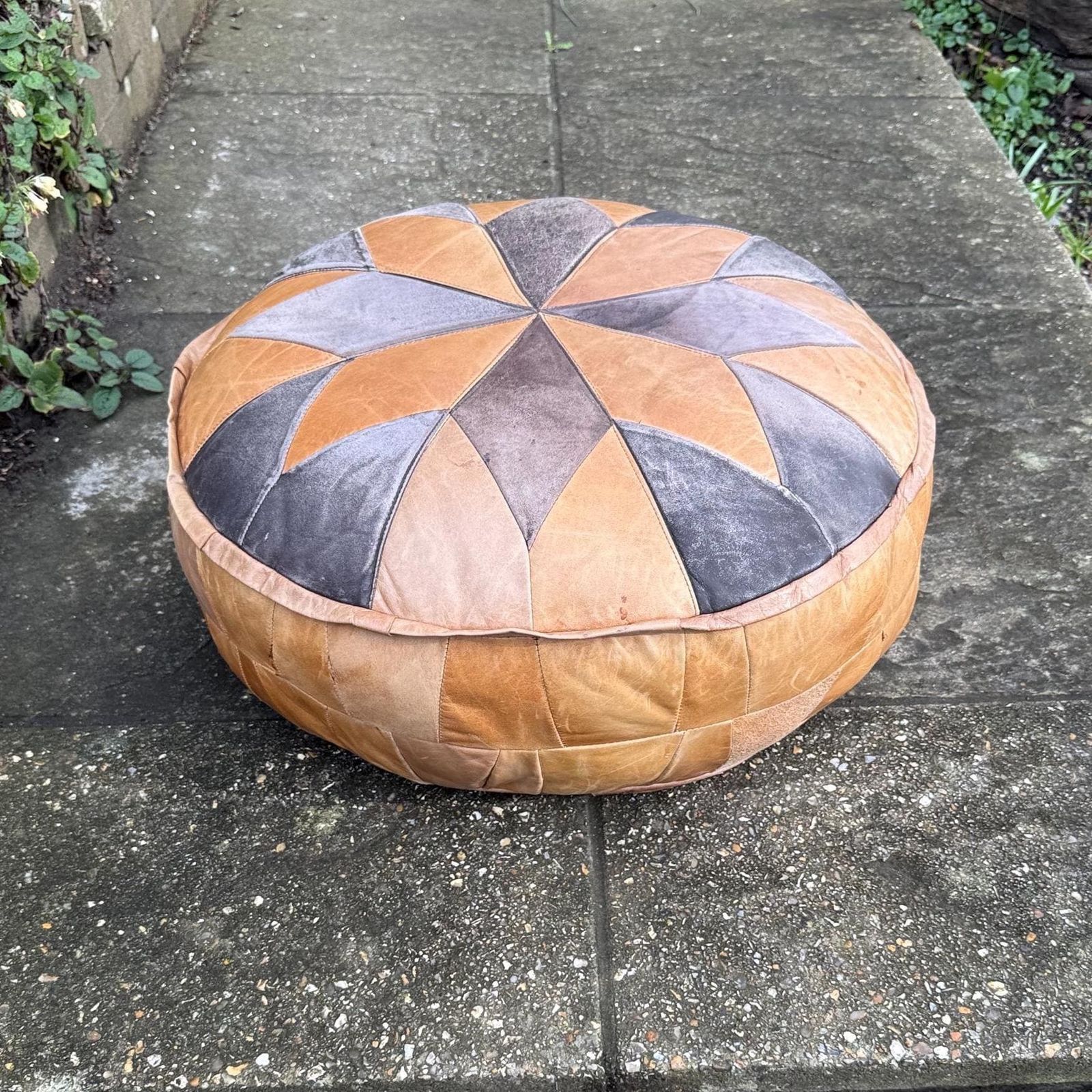 Vintage 1970s Large Moroccan Patchwork Leather Pouffe Ottoman Footstool