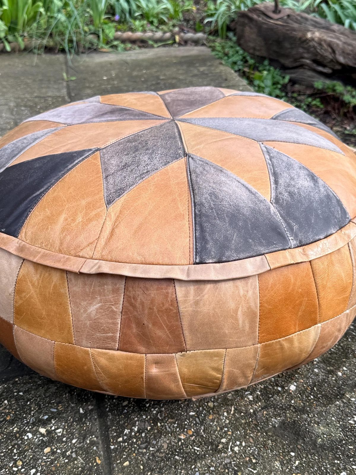 Vintage 1970s Large Moroccan Patchwork Leather Pouffe Ottoman Footstool photo buy