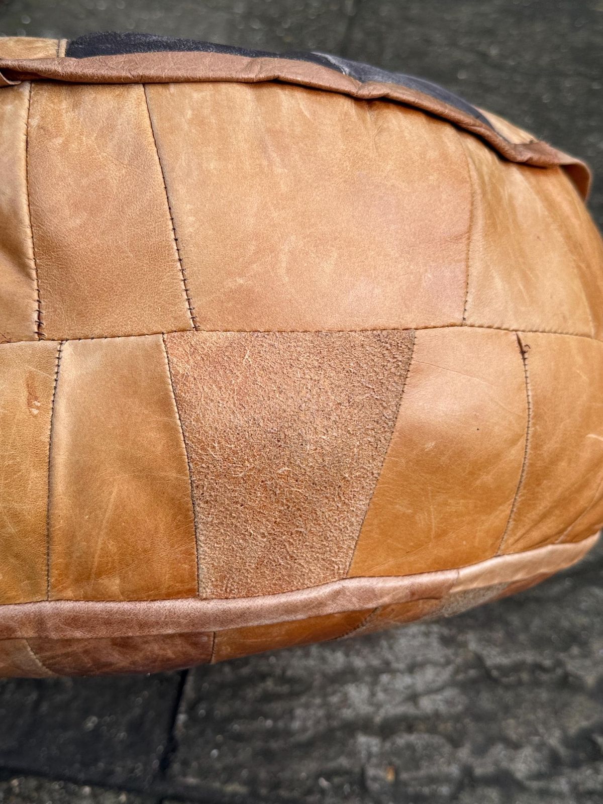 photo furniture Vintage 1970s Large Moroccan Patchwork Leather Pouffe Ottoman Footstool