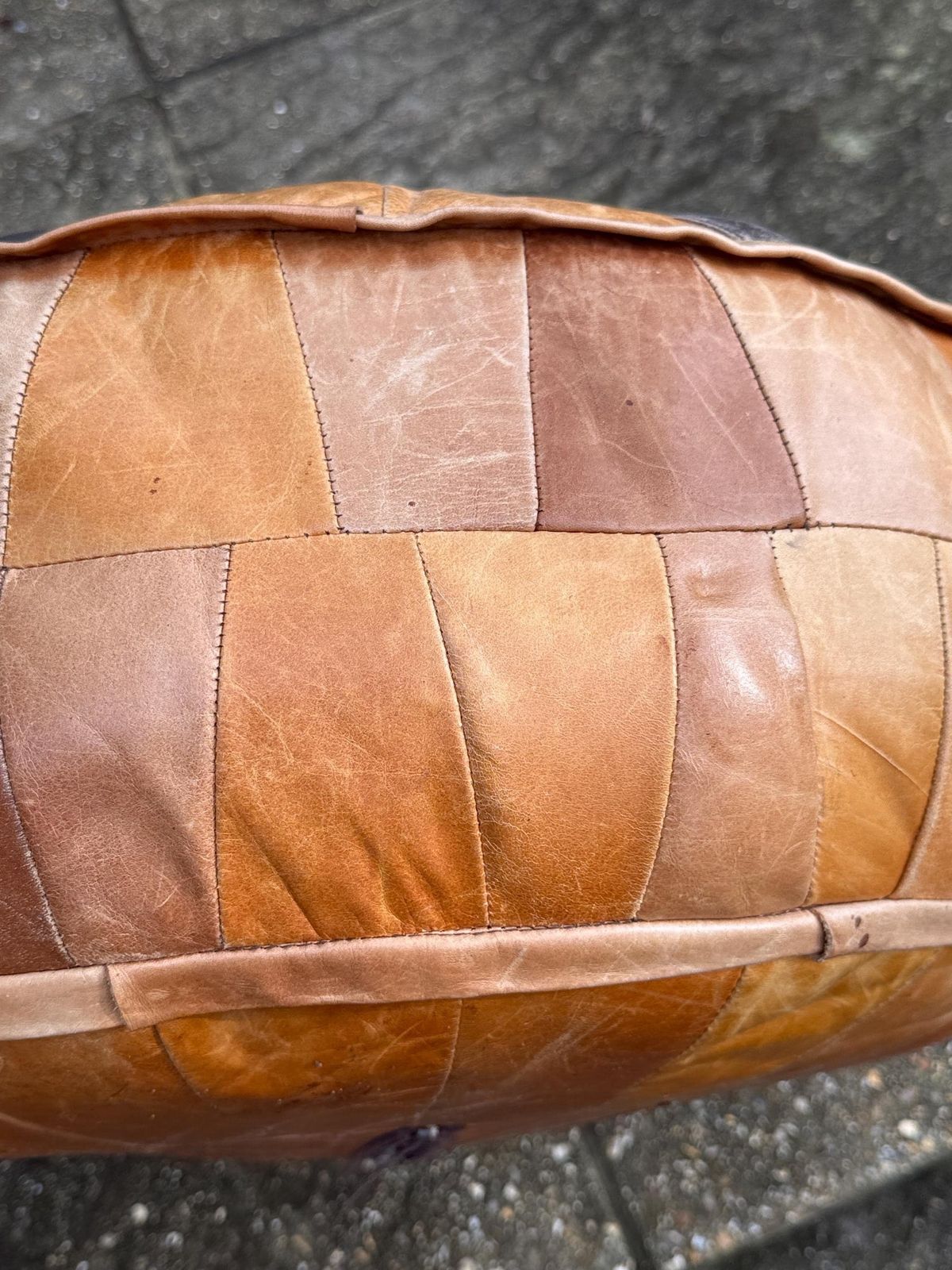 photo buy Vintage 1970s Large Moroccan Patchwork Leather Pouffe Ottoman Footstool