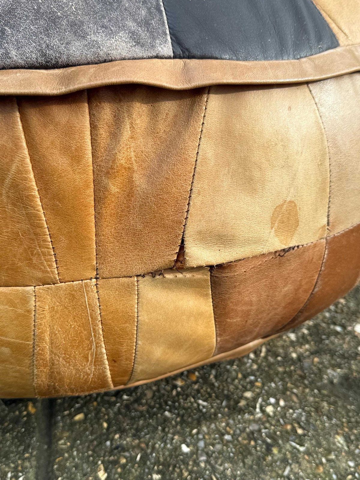 photo vintage Vintage 1970s Large Moroccan Patchwork Leather Pouffe Ottoman Footstool