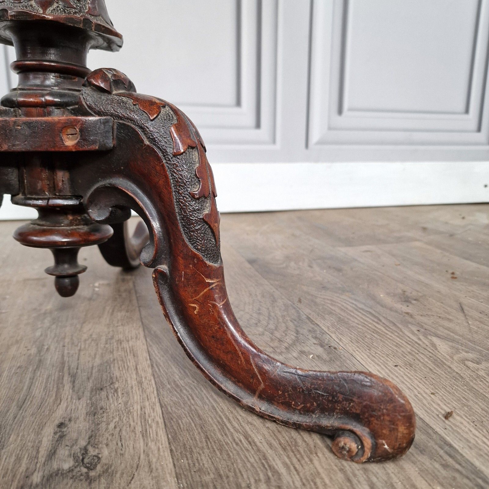 Antique Wooden Wine Table Turned Carved Decorative Inlaid Pedestal Leg photo for sale