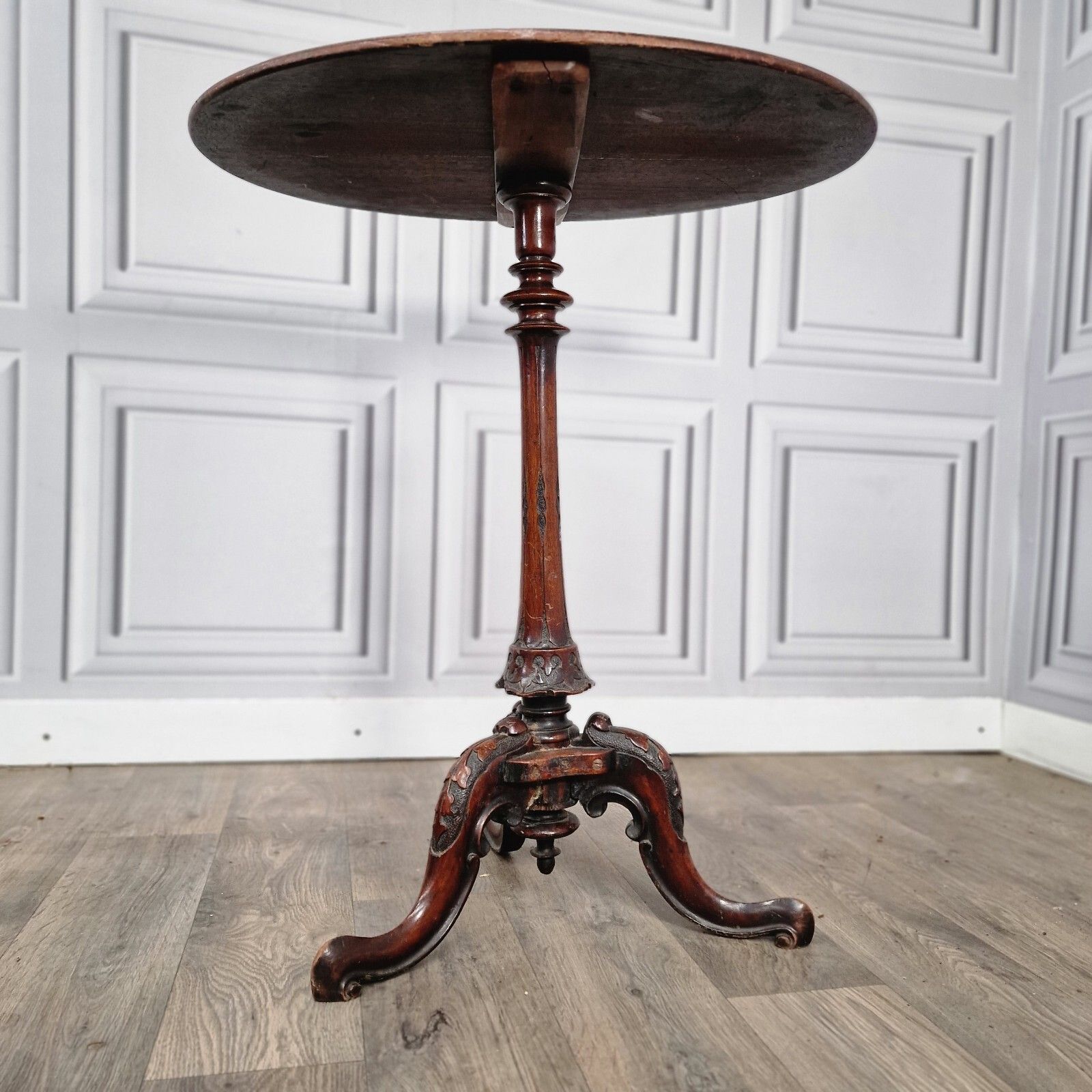 Furniture Antique Wooden Wine Table Turned Carved Decorative Inlaid Pedestal Leg photo