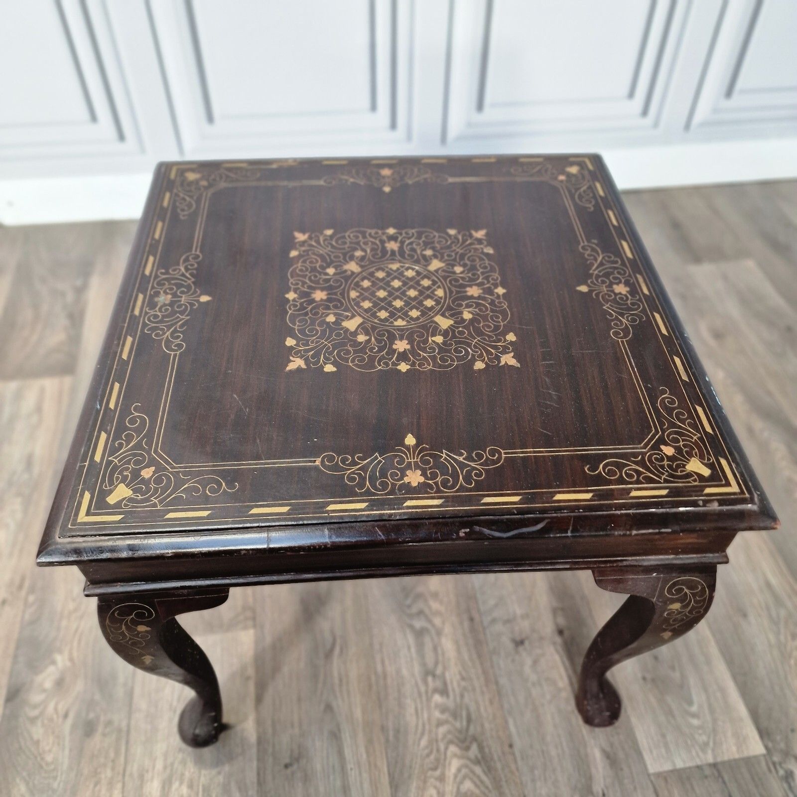 Antique Vintage Coffee Table Brass Inlaid Floral Decorative Queen Anne Wooden photo Furniture