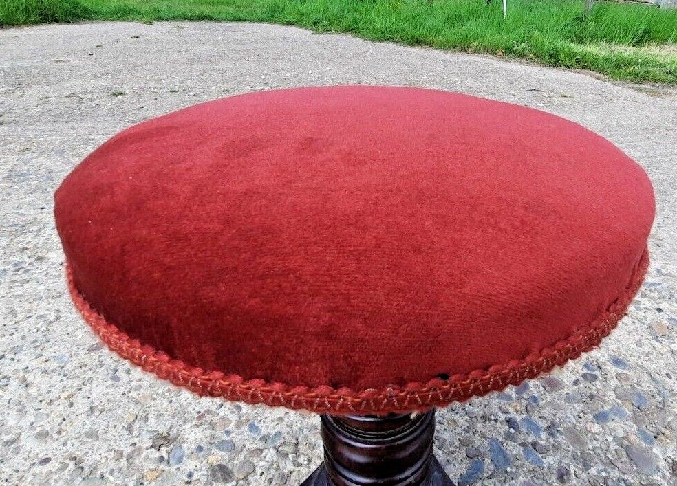 Antique Piano Stool Wood Pedestal Red Upholstery Pub  Turned Wooden photo buy