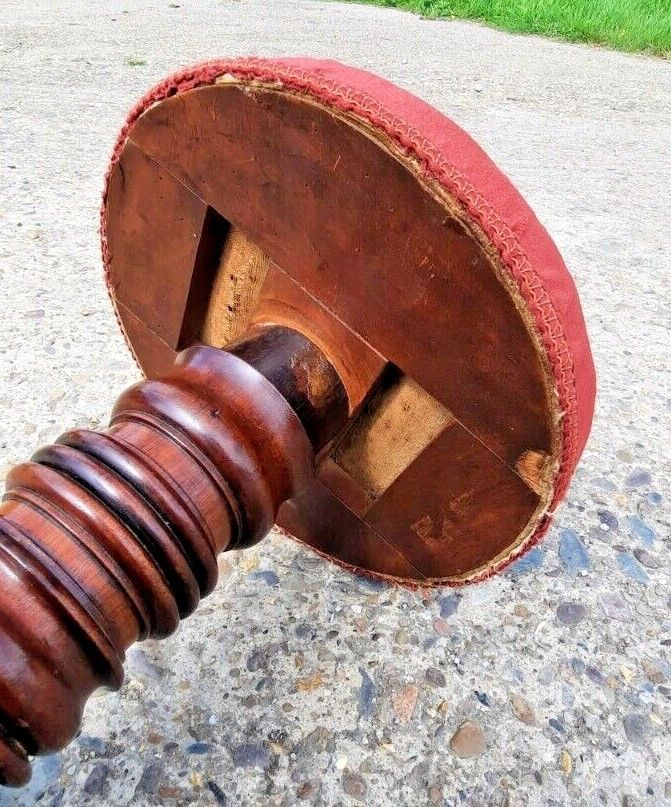 Antique Piano Stool Wood Pedestal Red Upholstery Pub  Turned Wooden photo vintage