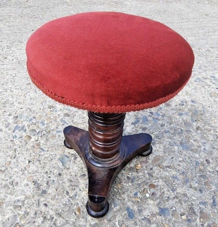 Furniture Antique Piano Stool Wood Pedestal Red Upholstery Pub  Turned Wooden photo