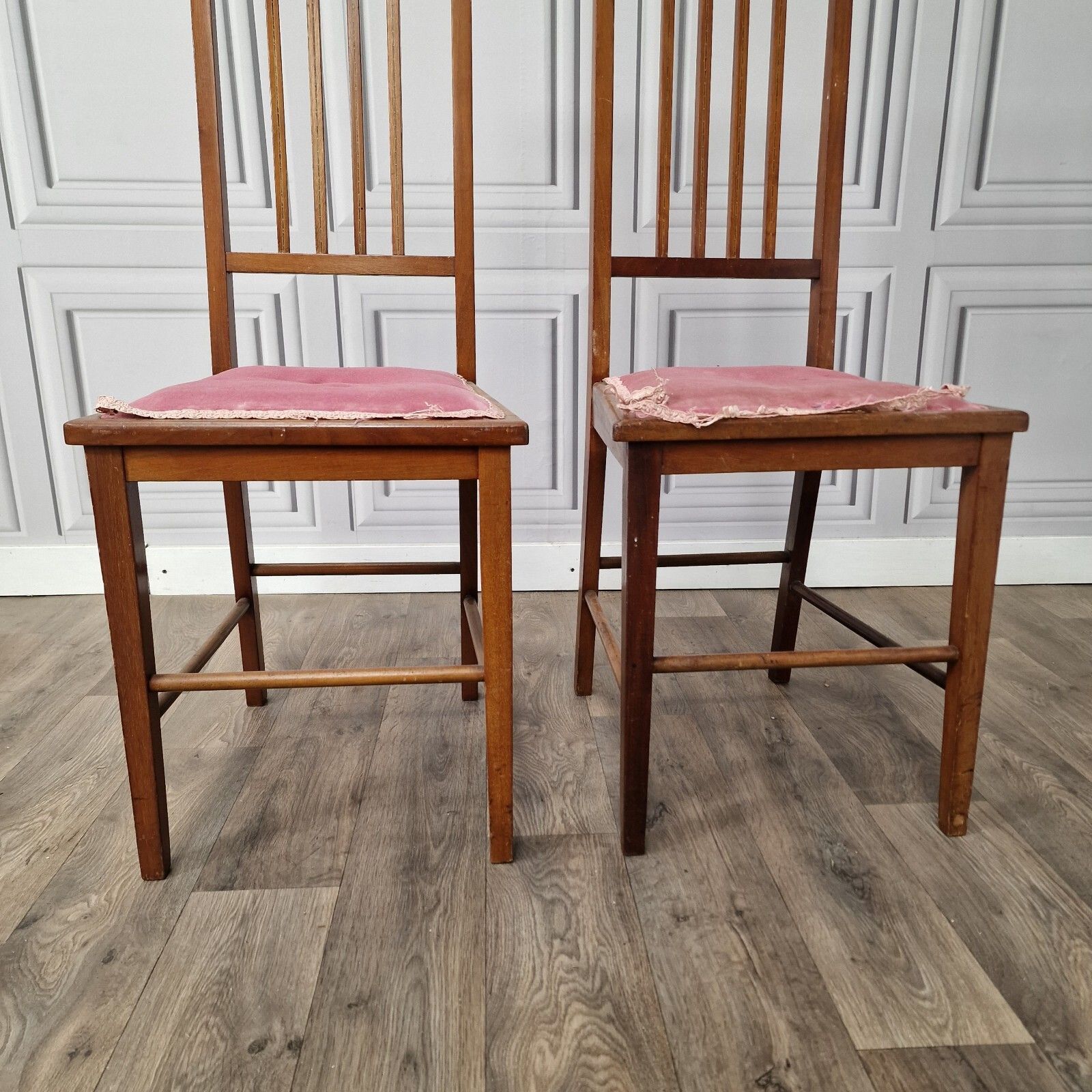 Pair X2 Antique Chairs Edwardian Wooden Slat Back  Upholstered Bedroom photo Furniture