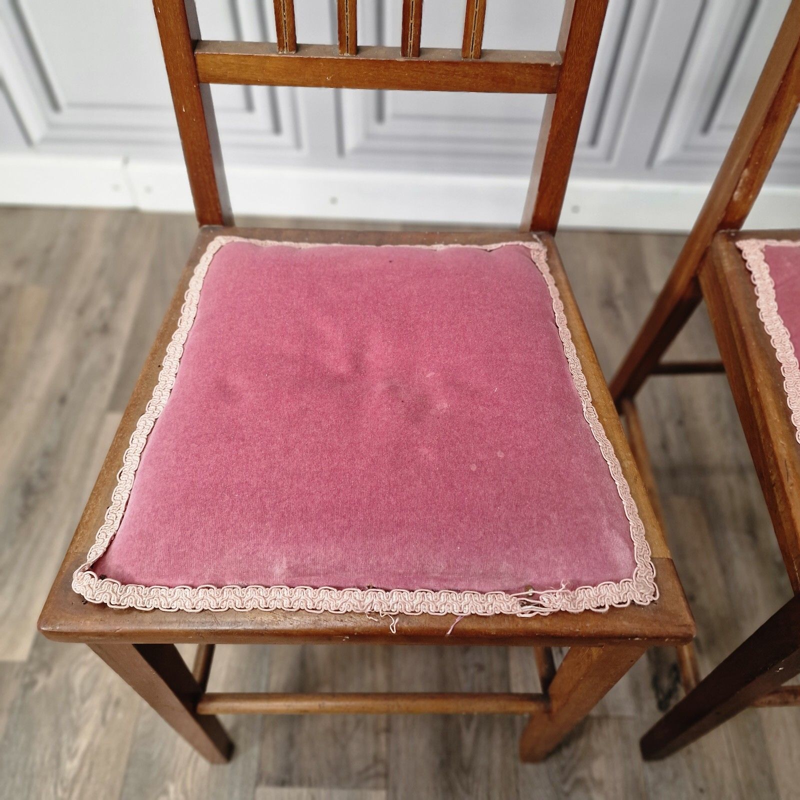 Pair X2 Antique Chairs Edwardian Wooden Slat Back  Upholstered Bedroom photo buy