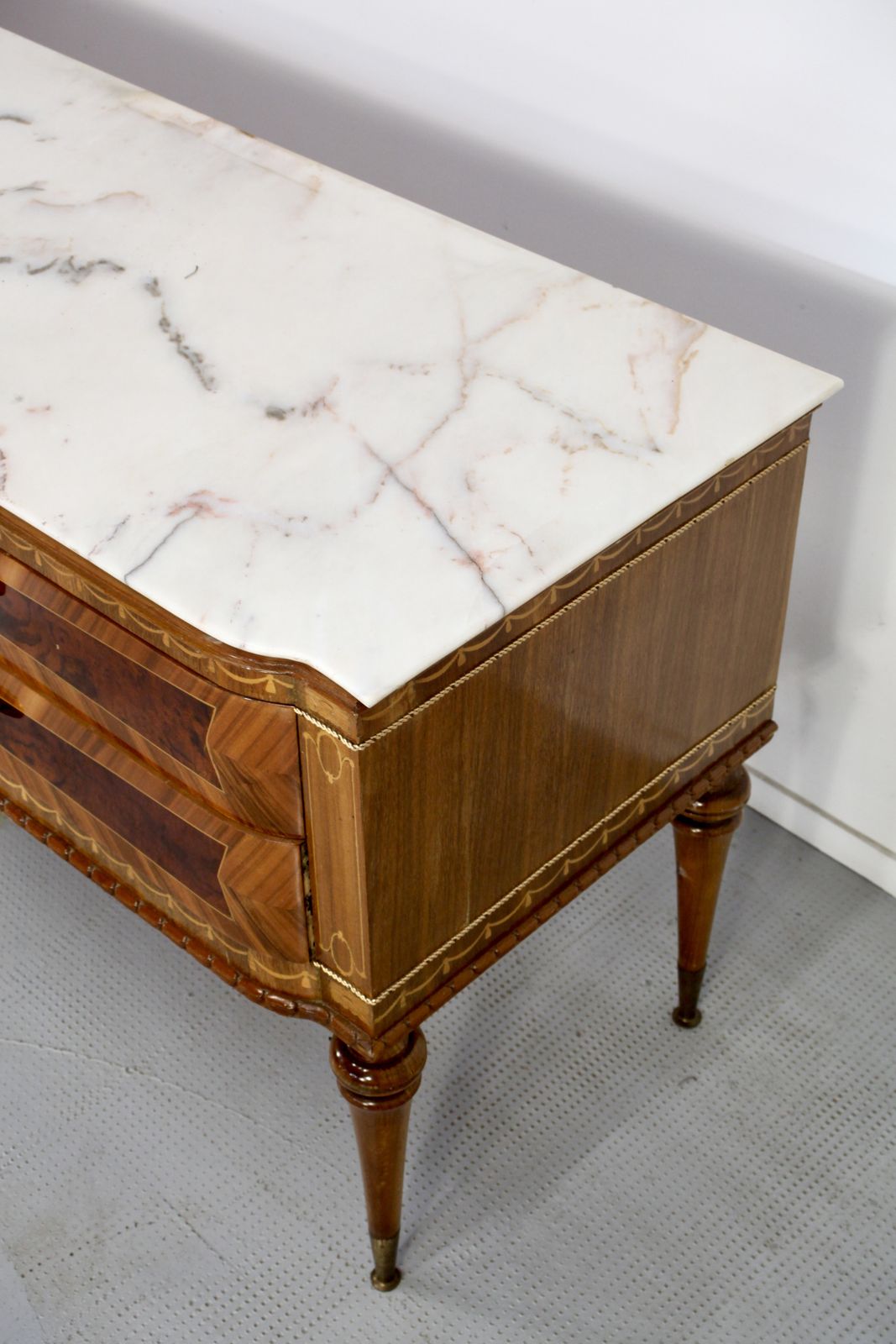 Italian Midcentury Sideboard In Walnut, Carrara Marble And Brass Manufactured In Cantu. photo for sale