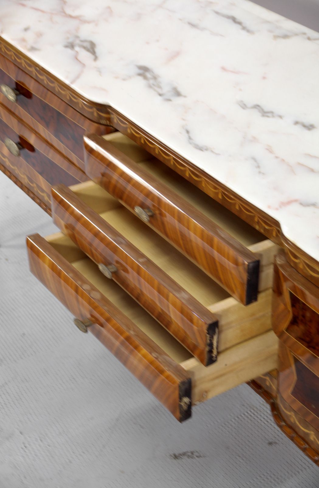 photo furniture Italian Midcentury Sideboard In Walnut, Carrara Marble And Brass Manufactured In Cantu.