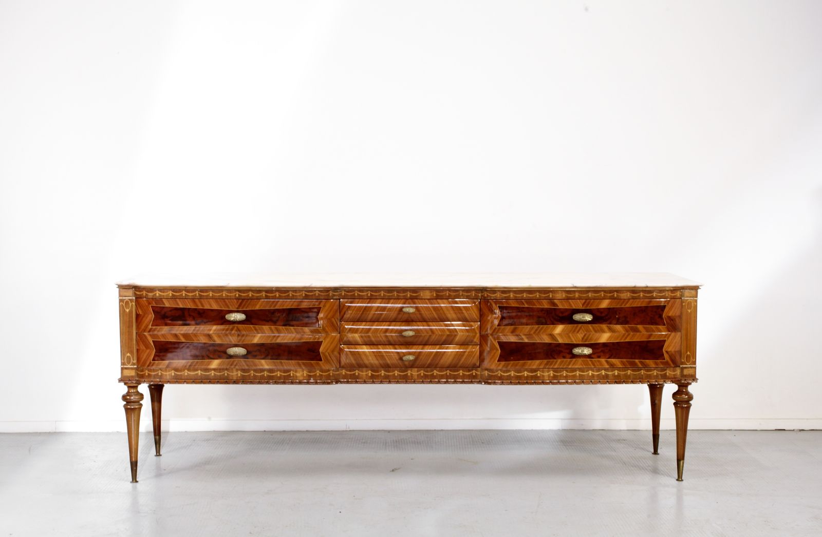 Furniture Italian Midcentury Sideboard In Walnut, Carrara Marble And Brass Manufactured In Cantu. photo