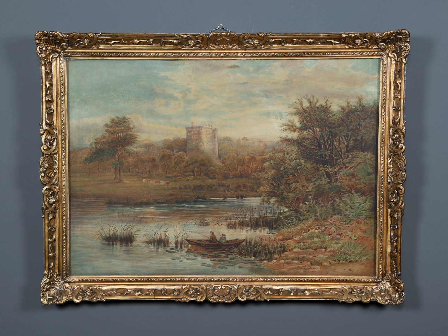 Large Antique English Watercolour Painting Picture Of A Castle & River Landscape Scene By David Cox Jnr. (Circa 1840) photo furniture