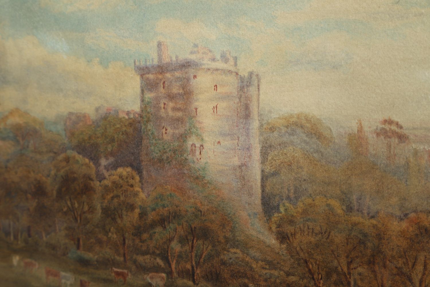 photo vinterior Large Antique English Watercolour Painting Picture Of A Castle & River Landscape Scene By David Cox Jnr. (Circa 1840)