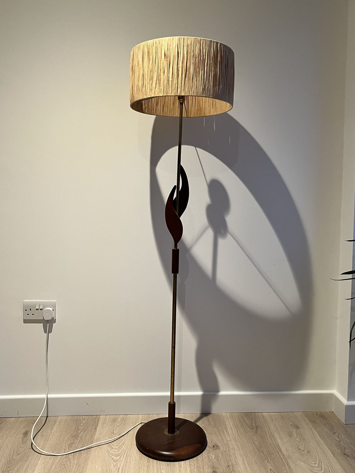 Mid Century Teak Brass Standard Floor Lamp With Shade