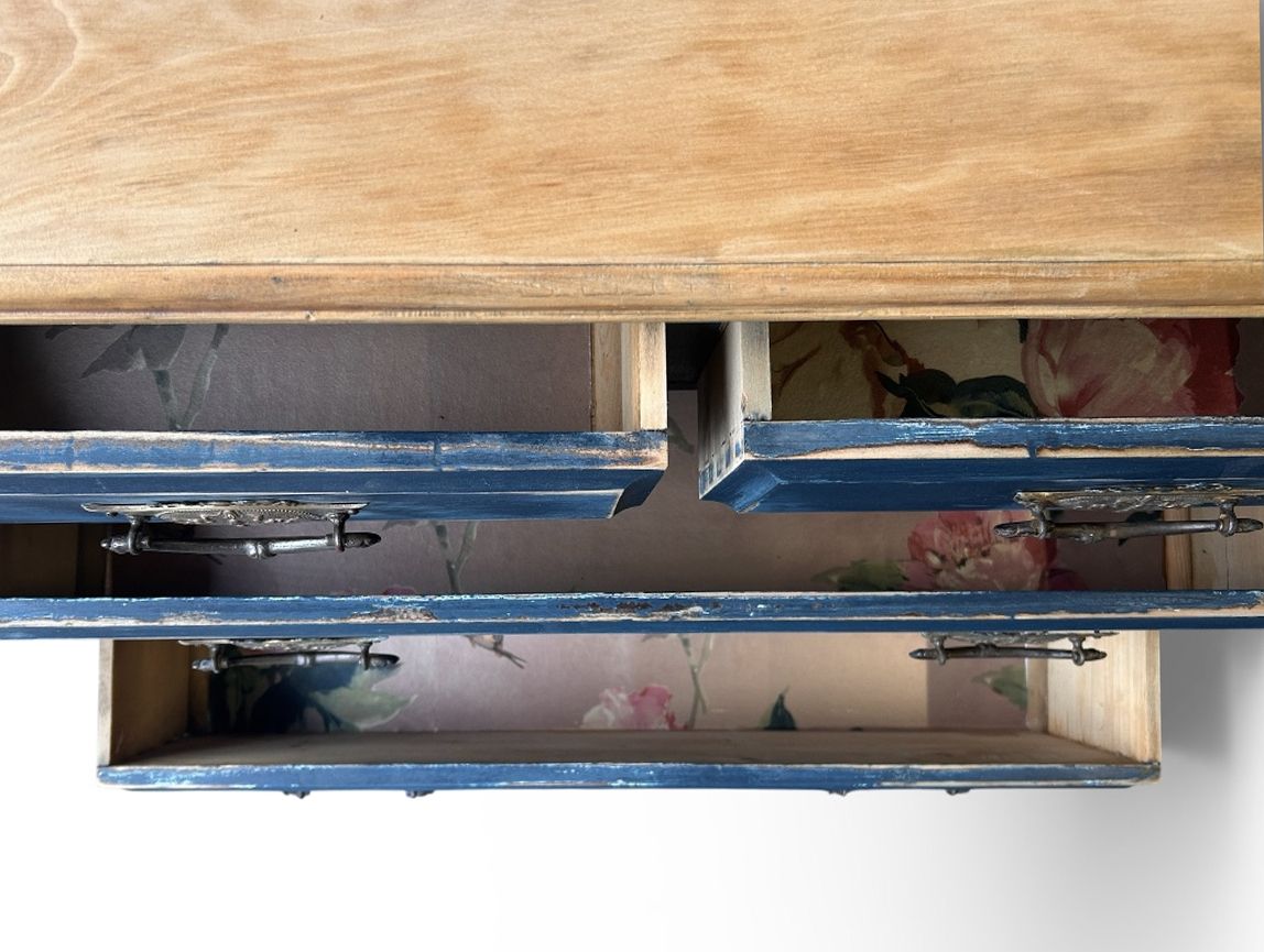 Antique Painted Dressing Chest With Mirror – Deep Blue & Natural Wood photo for sale