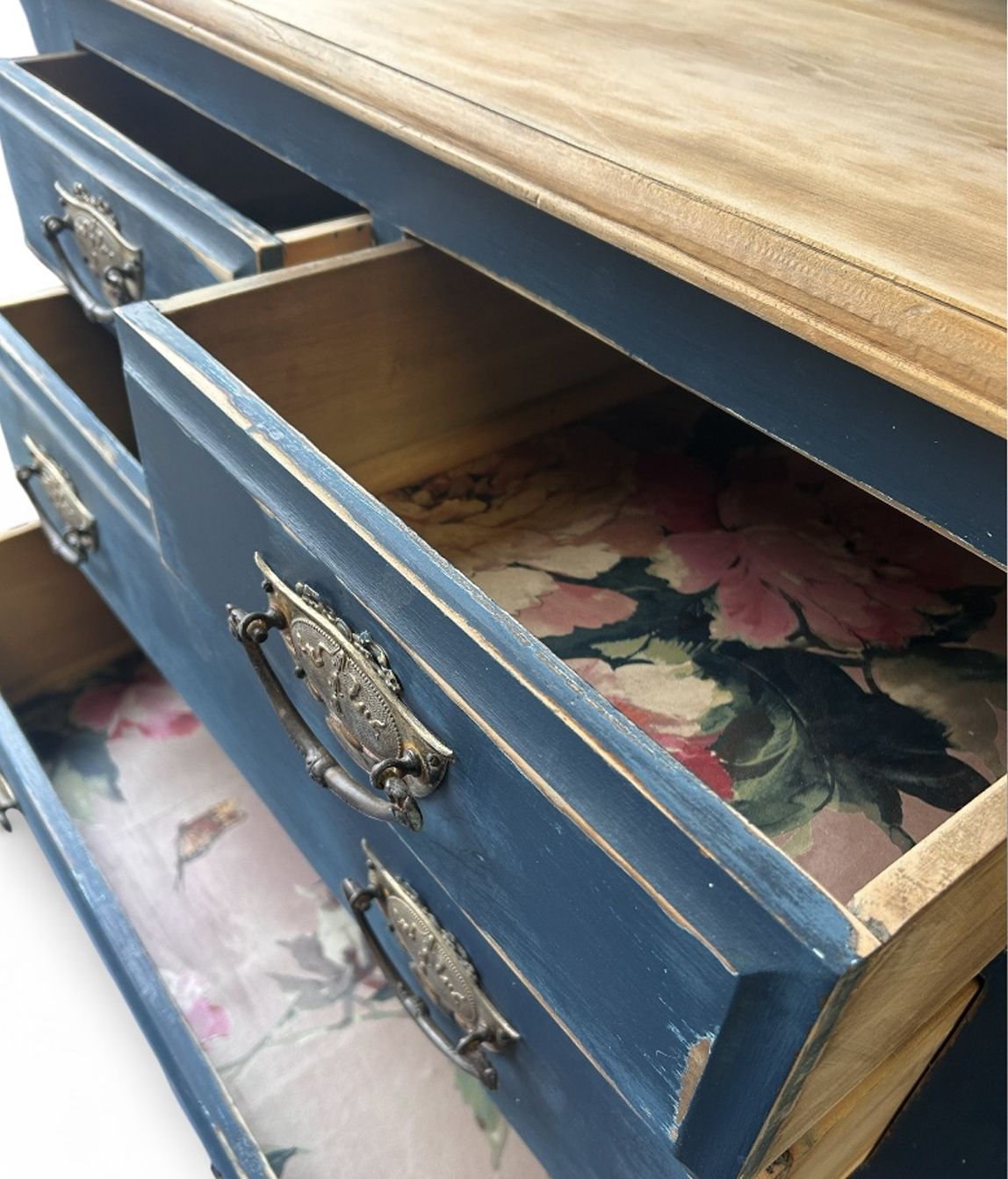 Antique Painted Dressing Chest With Mirror – Deep Blue & Natural Wood photo Furniture