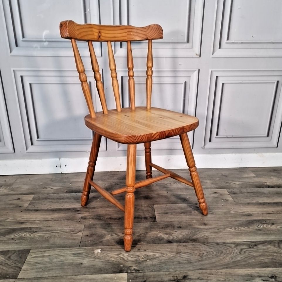 Vintage Pine Dining Chair Solid Wood Spindle Back Farmhouse Style Retro