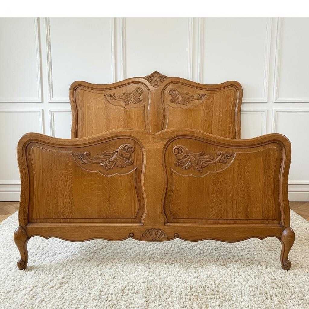 French Vintage Provincial Style 1950s Oak Carved Bedframe (4ft 6” Mattress)