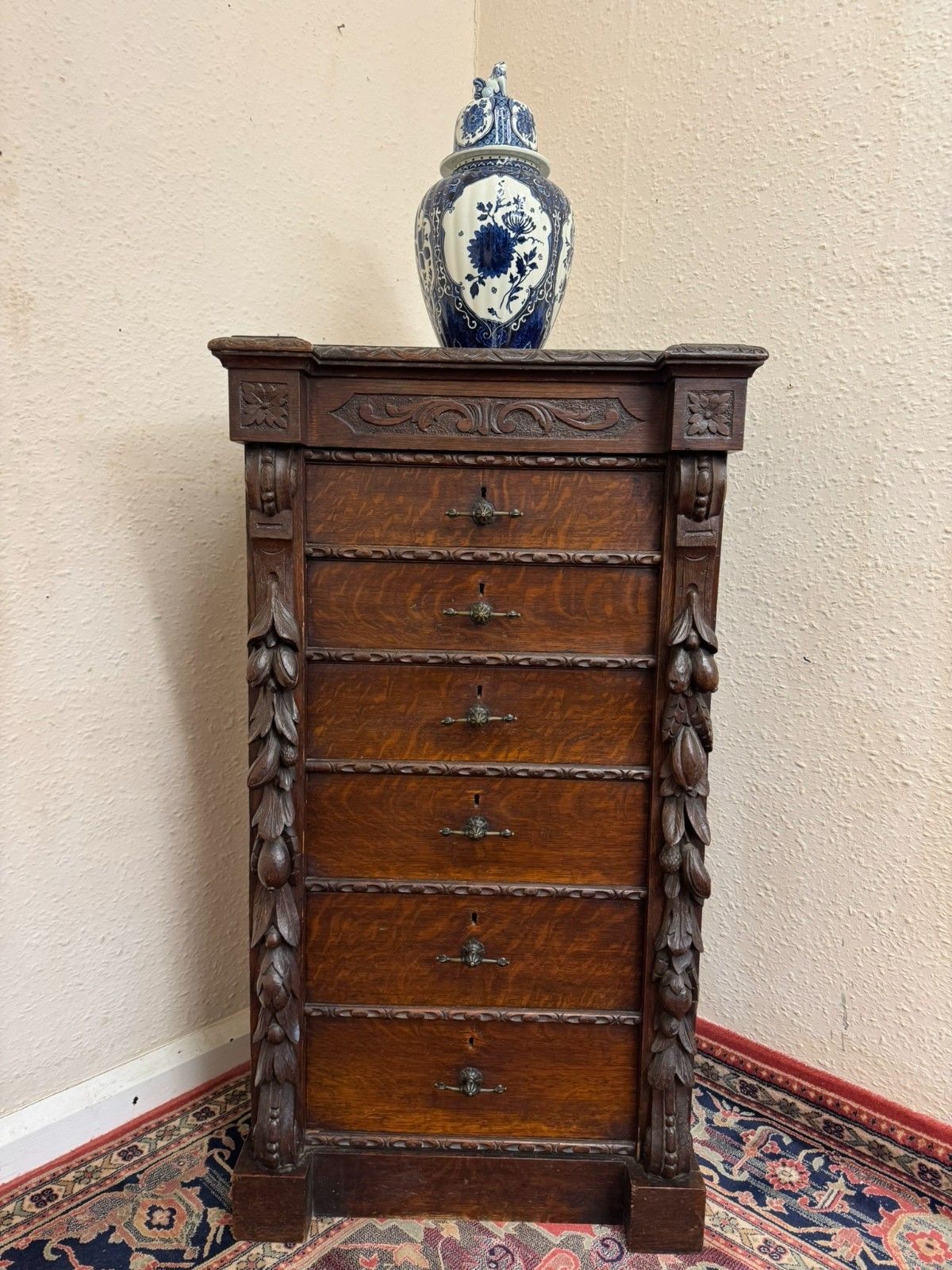Rare 19th Century Carved Oak Wellington Chest Of Drawers Circa 1880