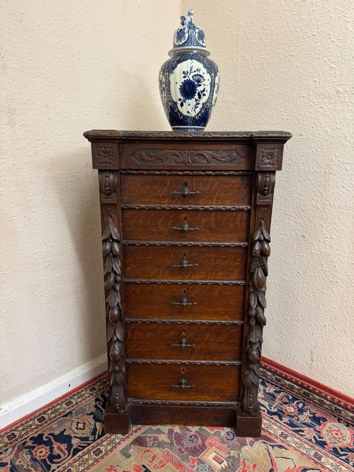 Rare 19th Century Carved Oak Wellington Chest Of Drawers Circa 1880 photo for sale