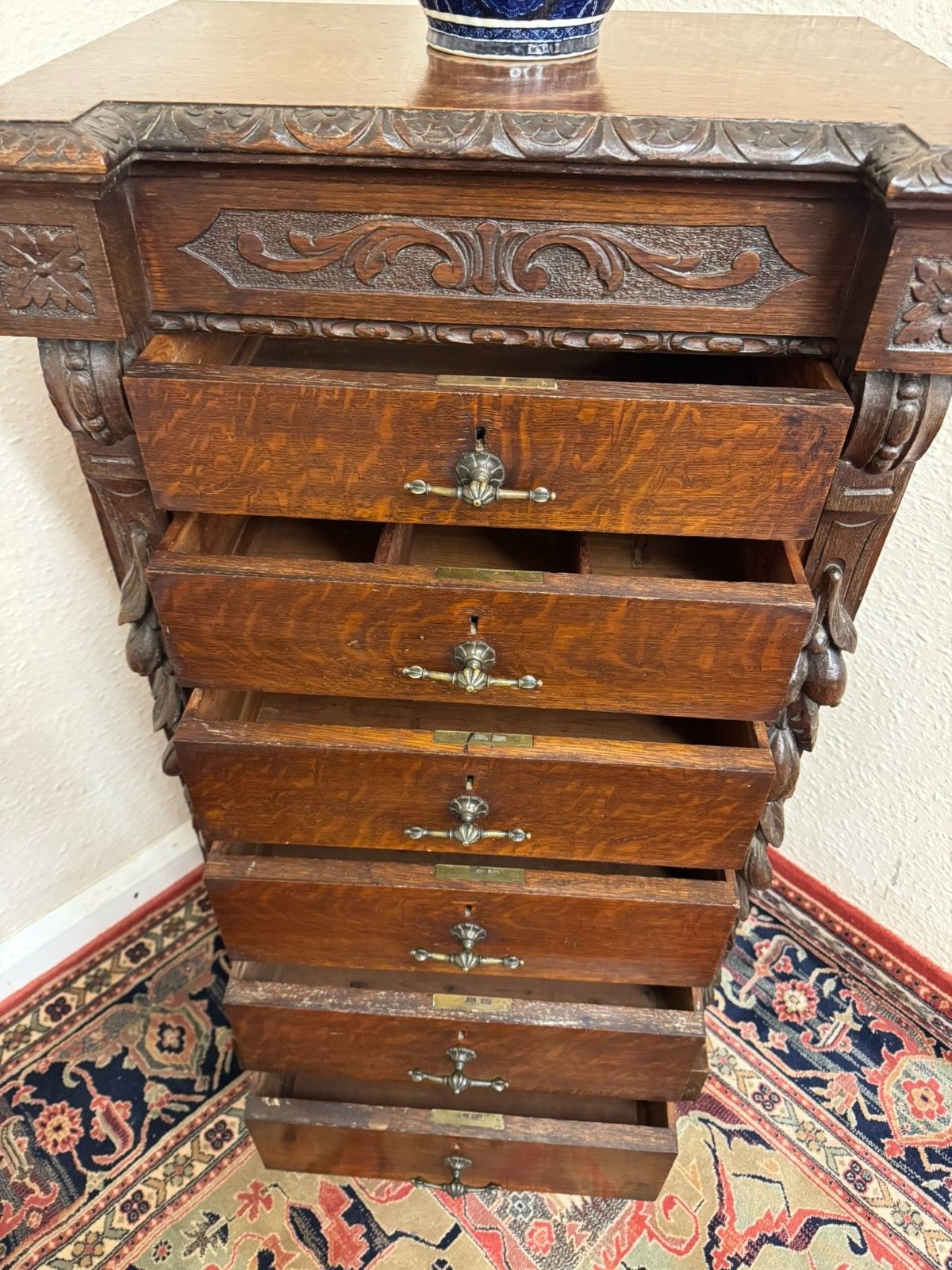 photo for sale Rare 19th Century Carved Oak Wellington Chest Of Drawers Circa 1880