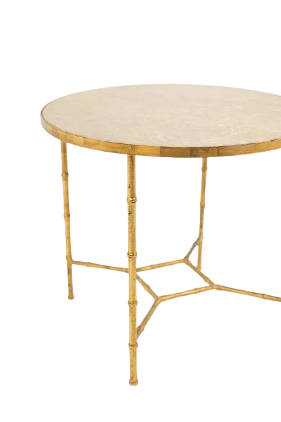 Pedestal Table With Bamboo Style Gold Metal Base And Gray Marble Top photo for sale