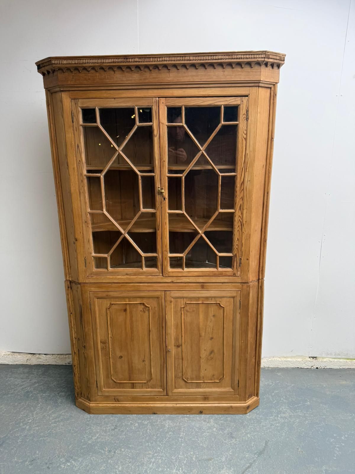 A Rare Early Georgian Pine Astral Glazed Barrel Back 2 Piece Cabinet photo Furniture