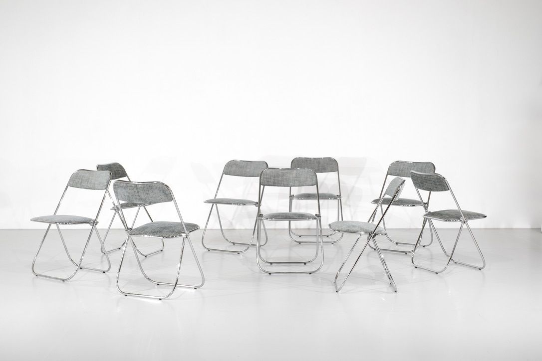 Set Of 9 Chrome Folding Chairs With Fabric From The 1970s.
