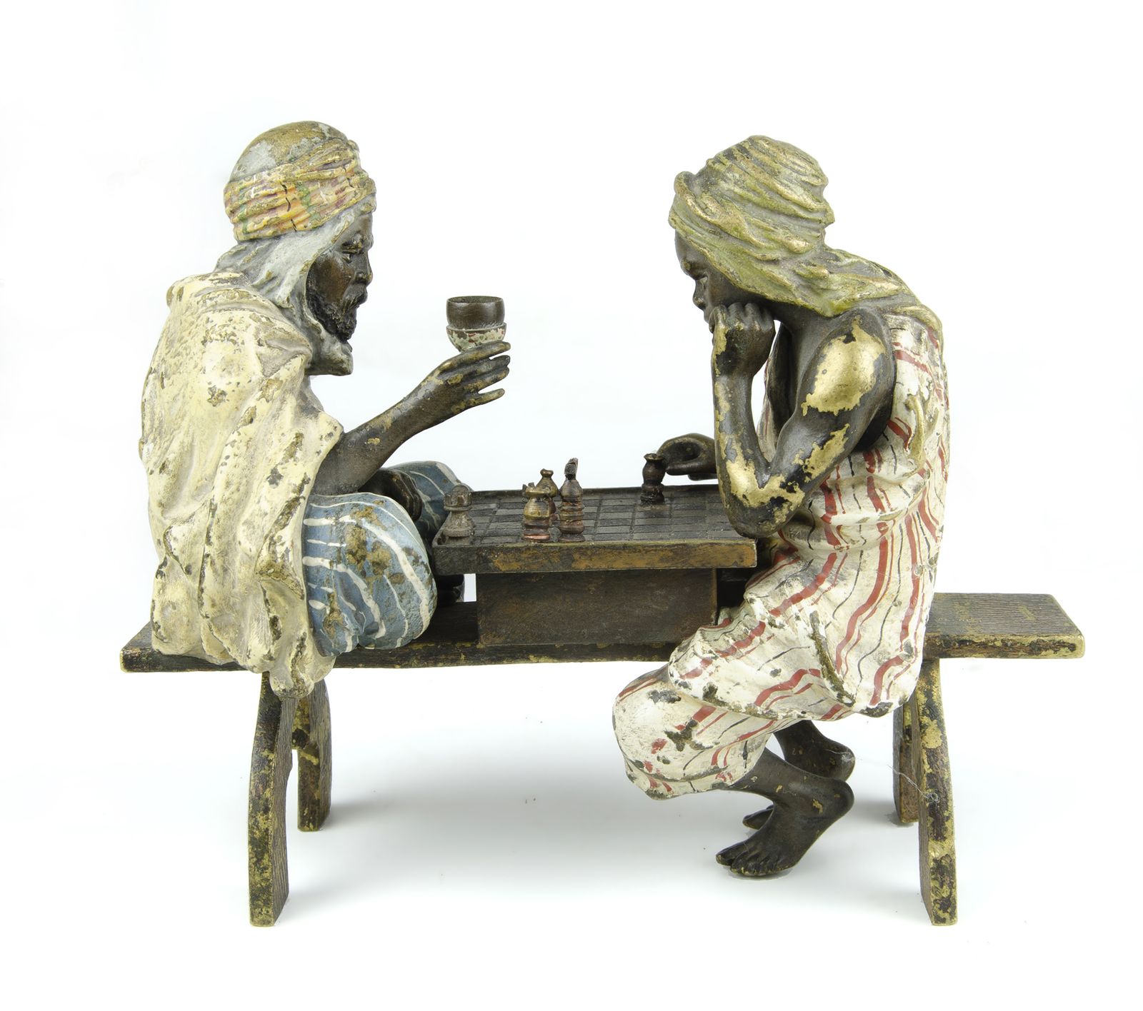 Late 19th Century Vienna Secession Cold Painted Bronze Small Sculpture Of Two Men Playing Chess By Franz Bergmann/Nam Greb, Austria
