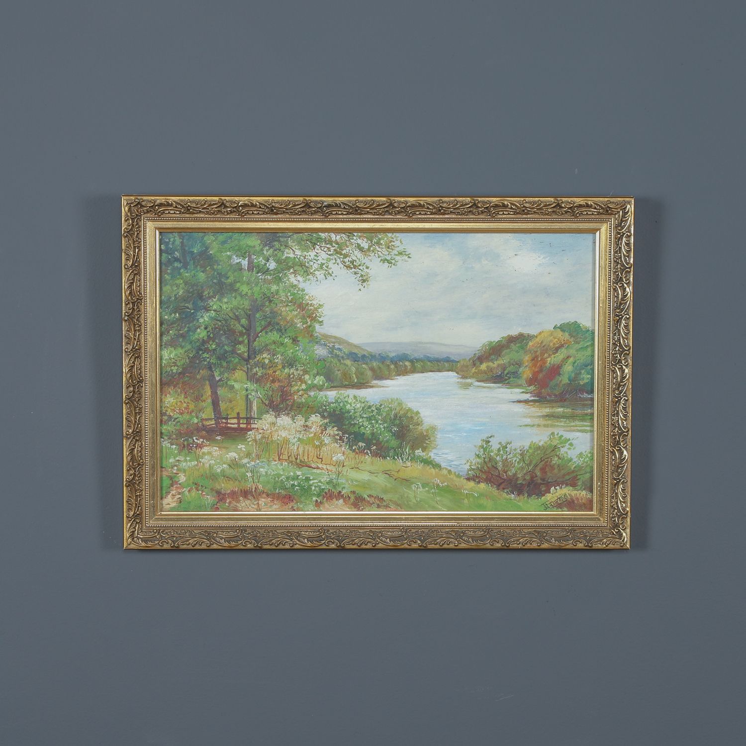 Small Antique English Acrylic Painting Picture Of A River Landscape Scene By J. Phipps (Circa 1930)