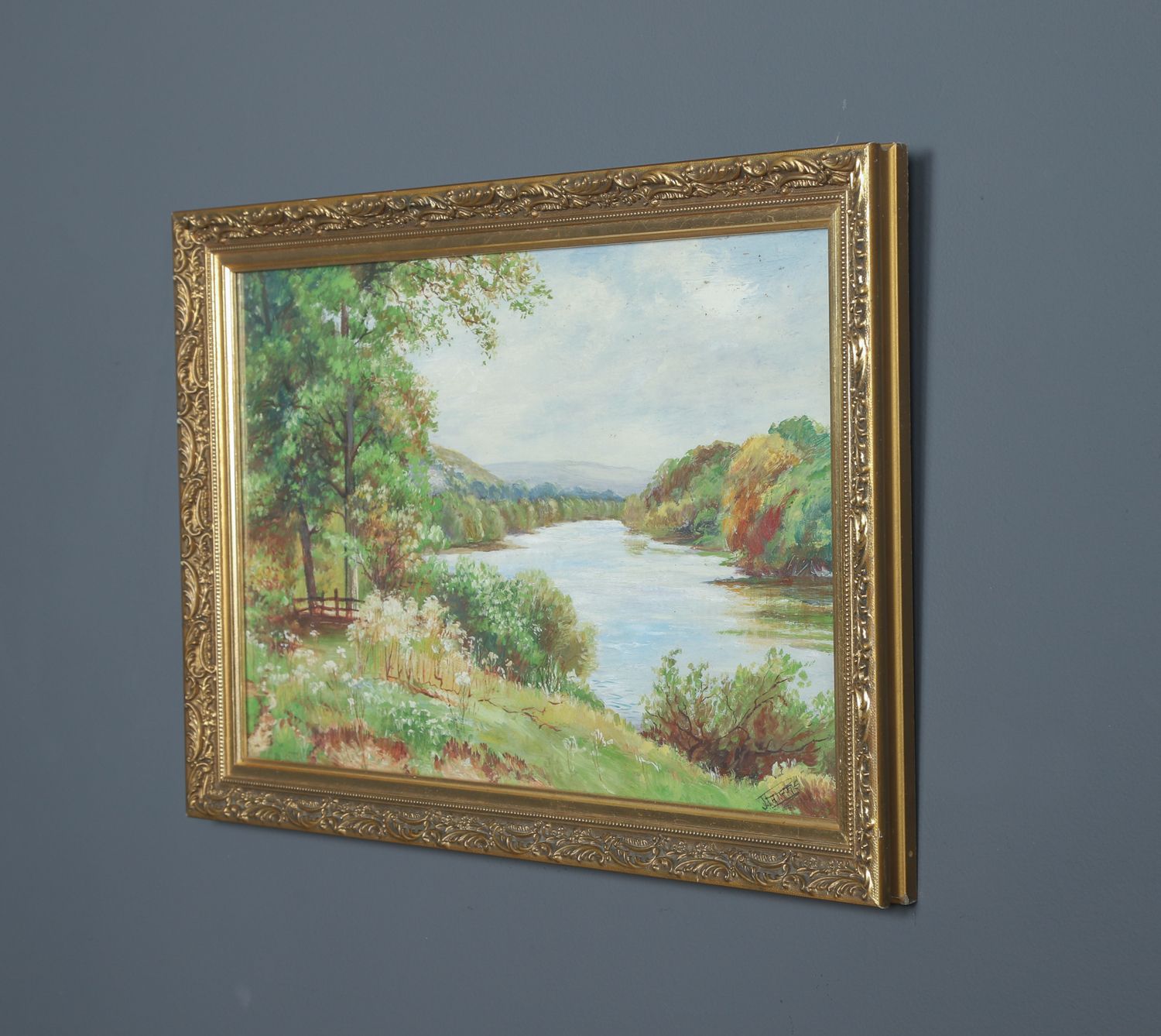 395.0 Small Antique English Acrylic Painting Picture Of A River Landscape Scene By J. Phipps (Circa 1930) photo