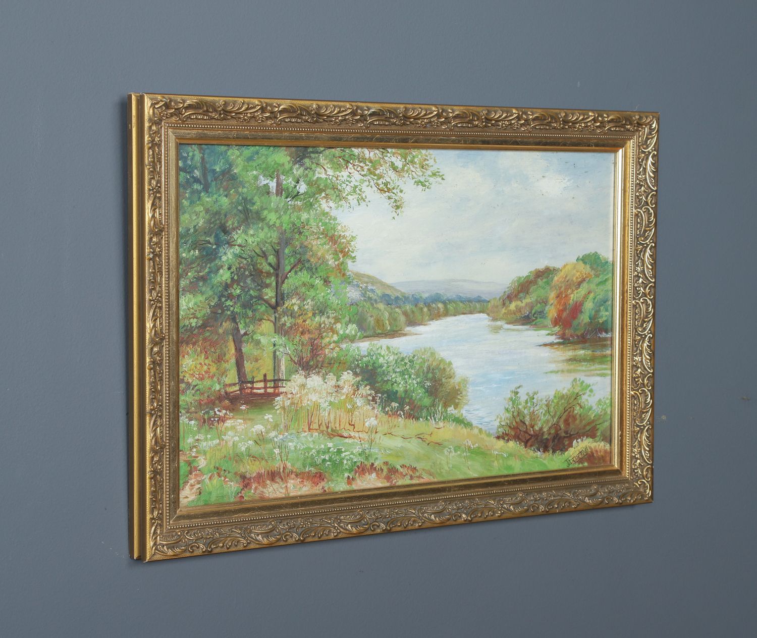photo vintage Small Antique English Acrylic Painting Picture Of A River Landscape Scene By J. Phipps (Circa 1930)